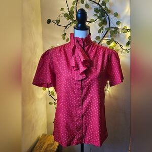 Vintage Inner Visicns Ship n Shore Red floral Blouse XL with Ruffled Jabot USA